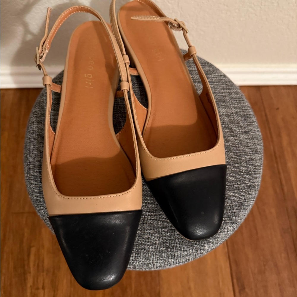 Madden Girl Black and Tan Slingback Flats